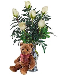 Bear w/ Half-Dozen White Roses