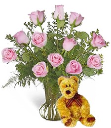 Dozen Pink Roses with Bear Darling Bouquet