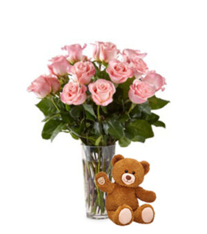 Dozen Pink Roses with Bear