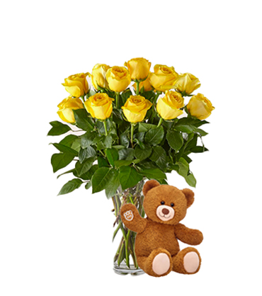 Dozen Yellow Roses with Bear