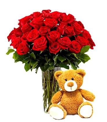 2 Dozen Red Roses w Bear