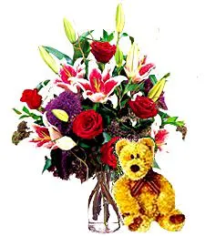 Teddy Bear and Flowers Bouquet
