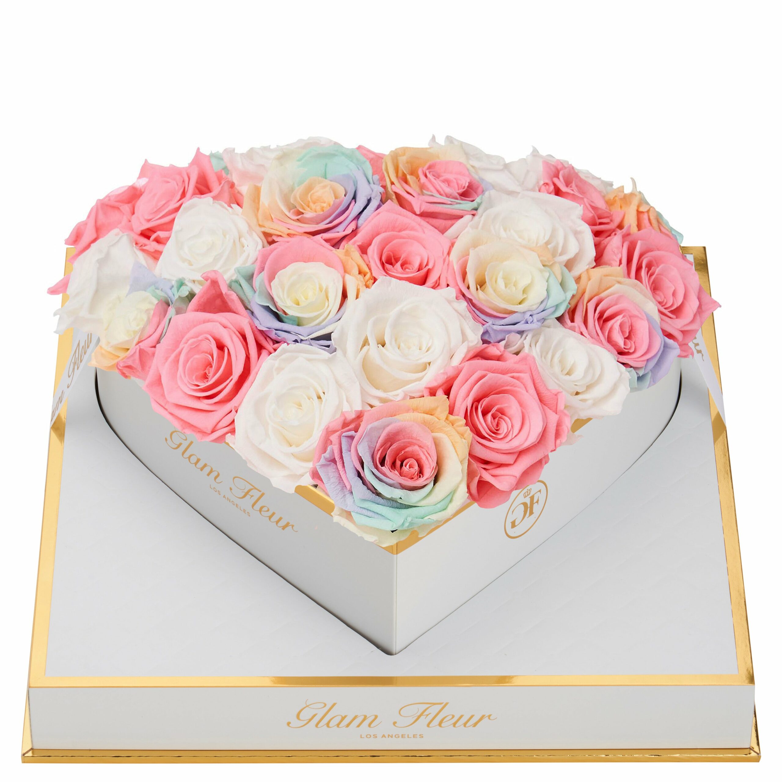 Candy Rainbow, Light Pink & White Roses in Heart Box