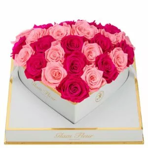 Fuchsia and Light Pink Lasting Roses in Heart Box