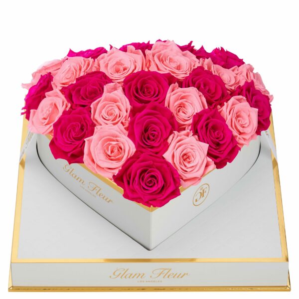 Fuchsia and Light Pink Lasting Roses in Heart Box