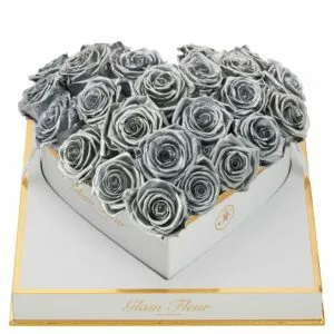 Metallic Silver Roses in Heart Box That Last 1 Year