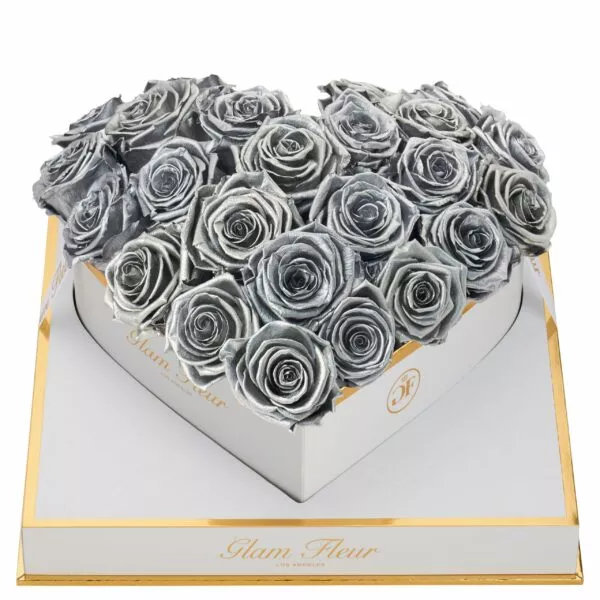 Metallic Silver Roses in Heart Box That Last 1 Year