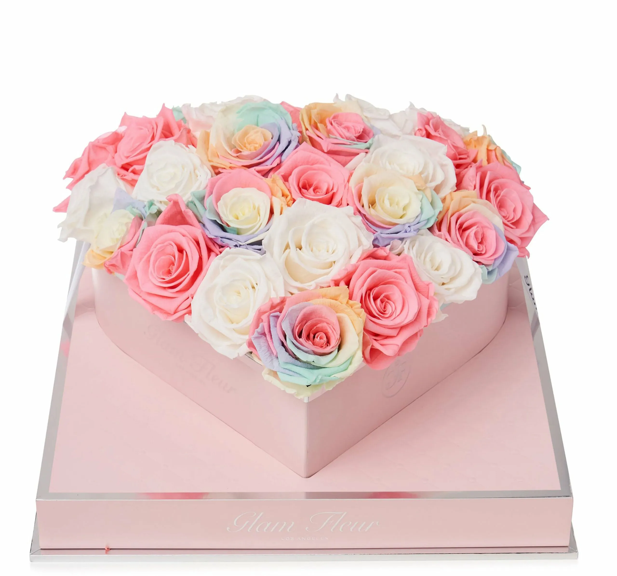 Candy Rainbow, Light Pink & White Roses in Heart Box