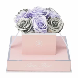 Metallic Silver and Glow Lavender Roses in Black Box